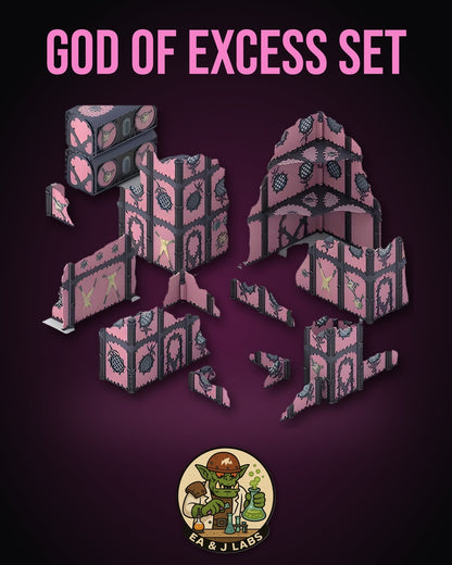 The image is a promotional poster for a "God of Excess Set" featuring a collection of pink and black geometric shapes and patterns.