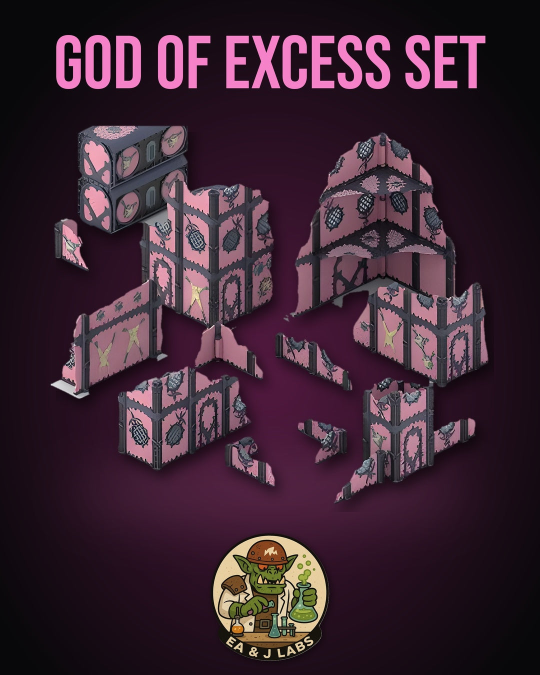 The image is a promotional poster for a "God of Excess Set" featuring a collection of pink and black geometric shapes and patterns.