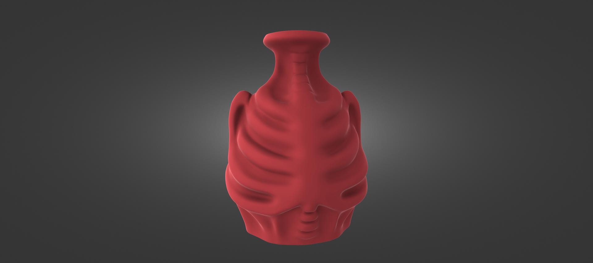 A red, sculpted vase or container with a unique, abstract design.