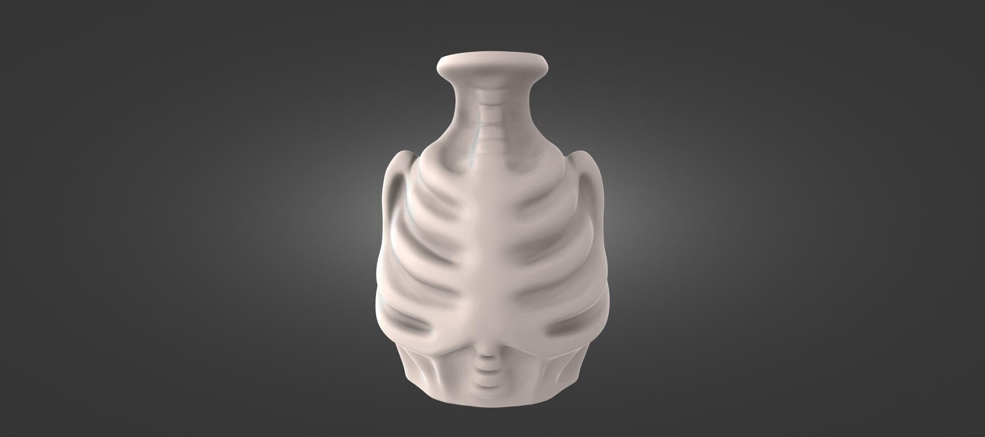 A white, abstract sculpture with a unique, organic shape against a dark background.