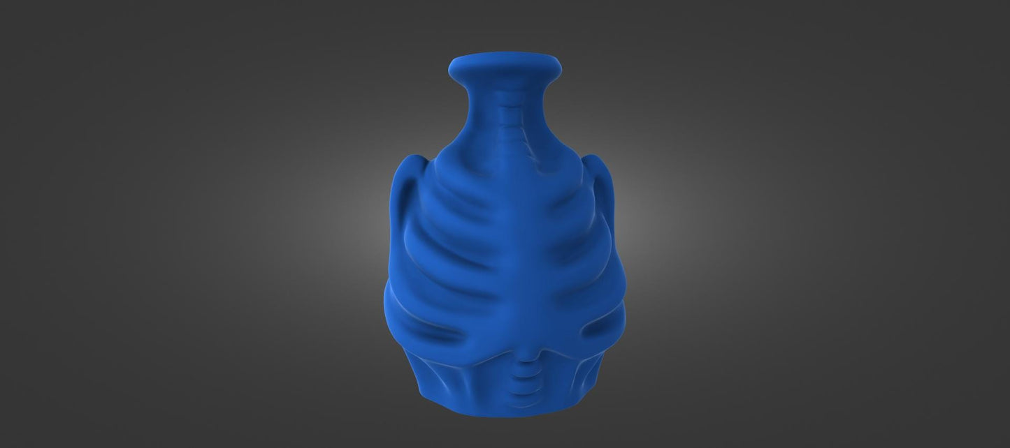 A blue, 3D-rendered vase or container with a unique, sculpted design.