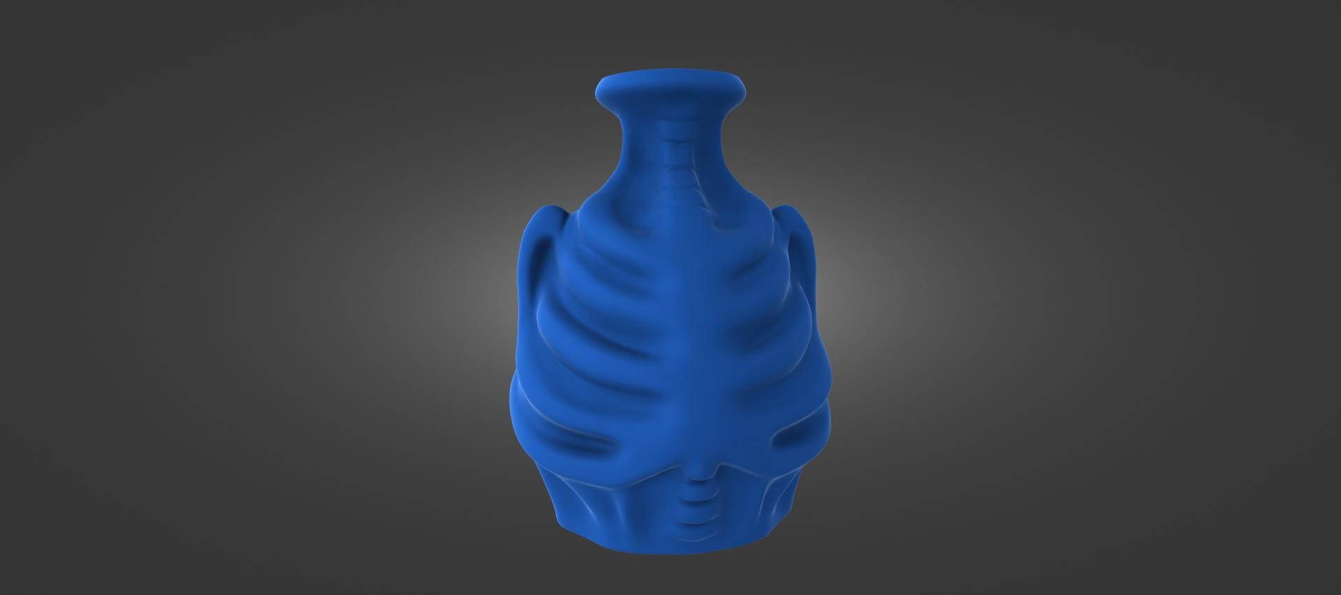 A blue, 3D-rendered vase or container with a unique, sculpted design.