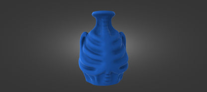 A blue, 3D-rendered vase or container with a unique, sculpted design.