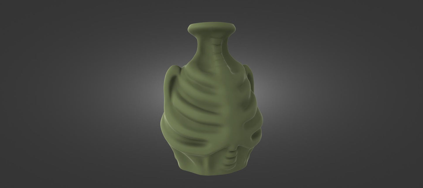 A green, sculpted vase or container with a unique, organic shape against a dark background.