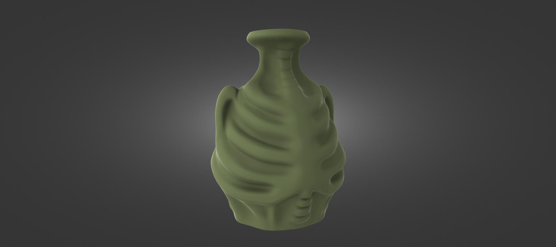 A green, sculpted vase or container with a unique, organic shape against a dark background.