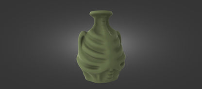 A green, sculpted vase or container with a unique, organic shape against a dark background.