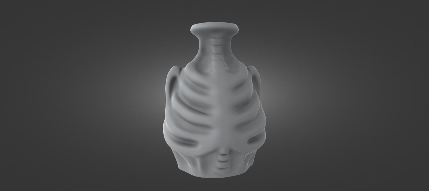 A 3D rendering of a white, abstract sculpture with a unique, organic shape against a dark background.