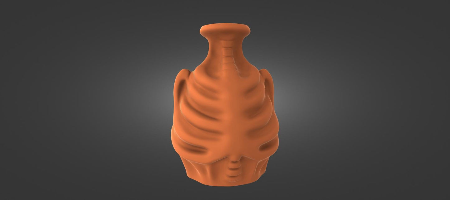 An orange, sculpted vase or container with a unique, abstract design against a dark background.