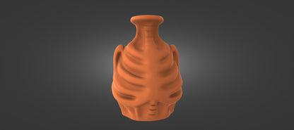 An orange, sculpted vase or container with a unique, abstract design against a dark background.