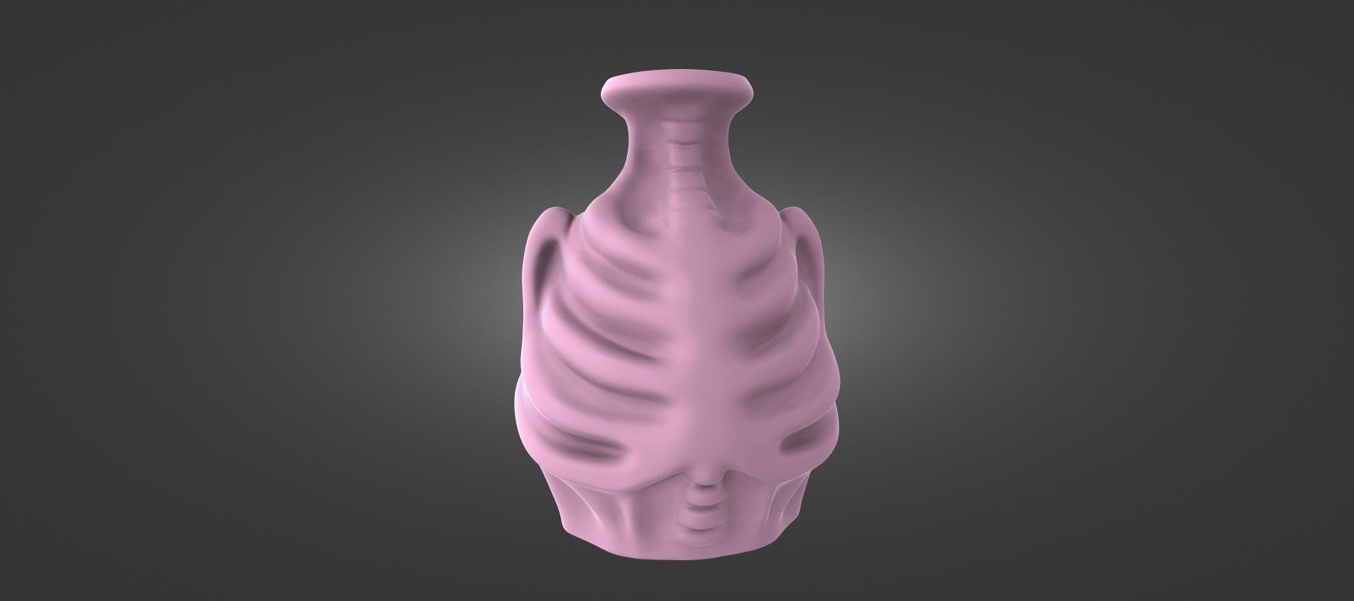 A pink, abstract sculpture with a unique, organic shape stands against a dark background.