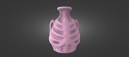 A pink, abstract sculpture with a unique, organic shape stands against a dark background.