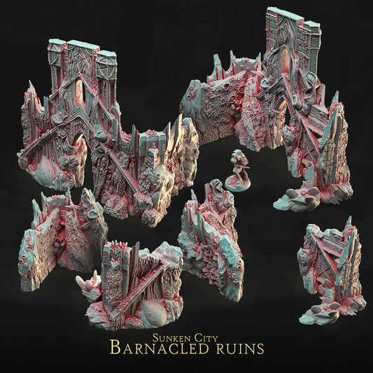 Barnacled Ruins – Sunken City | 3DHexes 3D Printed Tabletop Terrain (28-32mm) - image 1
