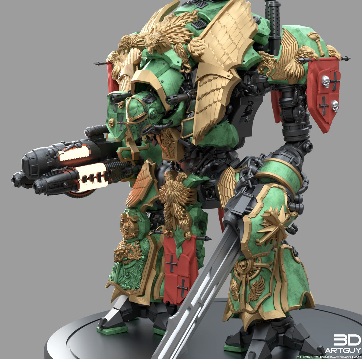 Medieval Mech Knight green and gold angled view