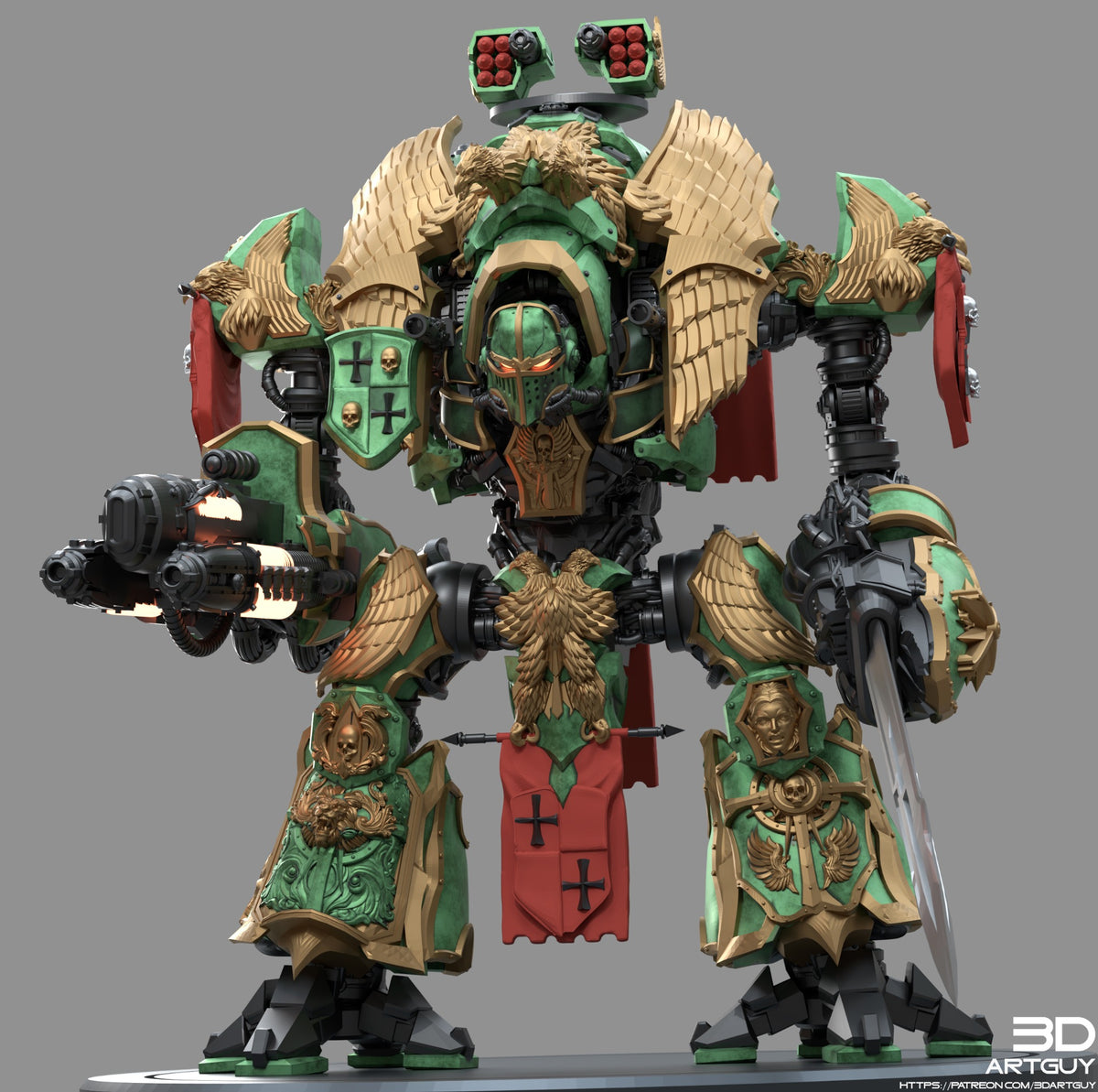 Medieval Mech Knight green and gold front view with weapon loadout