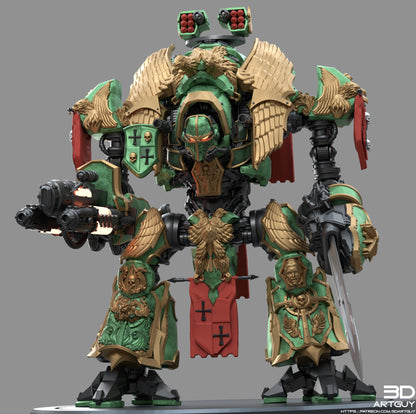 Medieval Mech Knight green and gold front view with weapon loadout