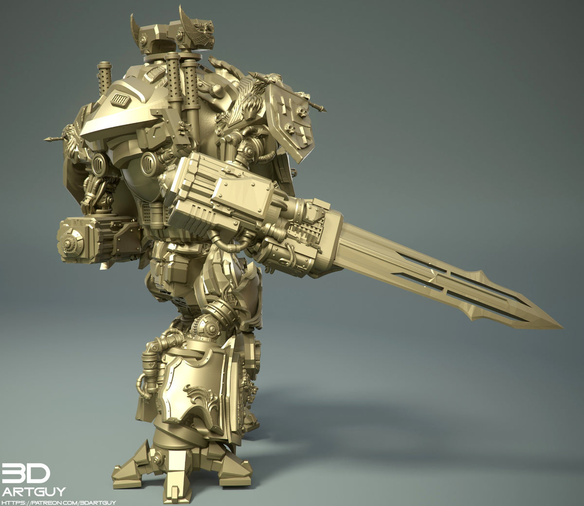 Medieval Mech Knight side view with oversized sci-fi weapon