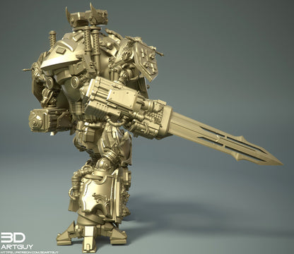 Medieval Mech Knight side view with oversized sci-fi weapon