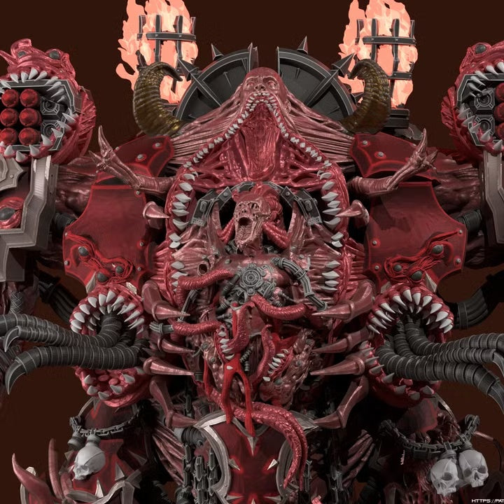 Close detail of the Monstrous Mech armor and central figure
