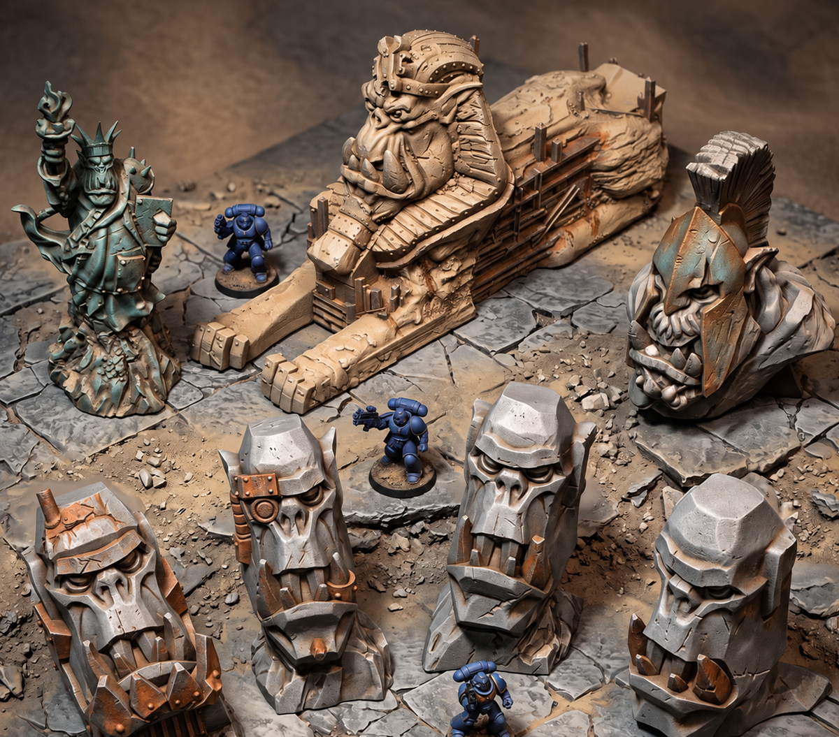 Painted Orktober Ork scatter terrain set with sphinx, statues and four Ork head monuments