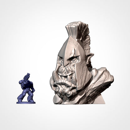 Ork terrain helmeted warrior bust with miniature for scale
