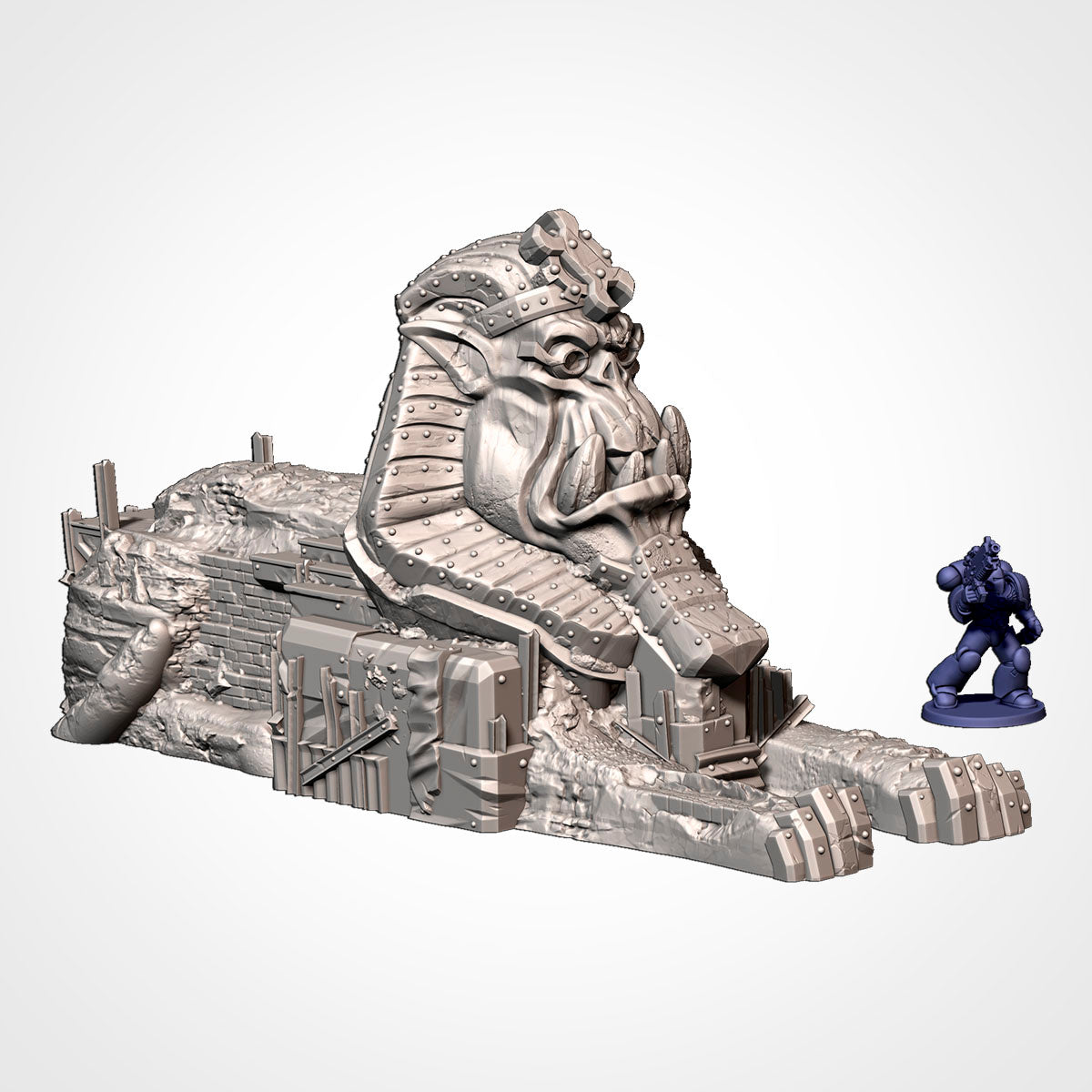 Orktober Ork sphinx monument with scrap armor and ruined masonry