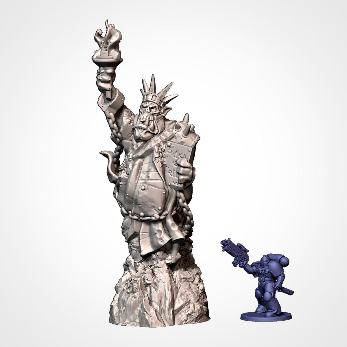 Torch-bearing Ork statue on rocky pedestal with miniature for scale