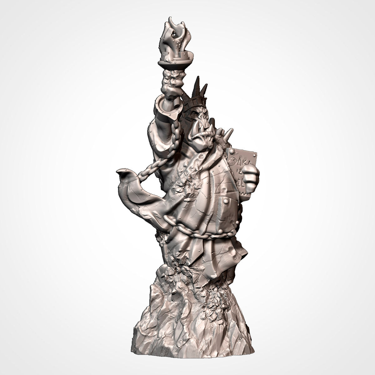 Side view of torch-bearing Ork statue scatter terrain